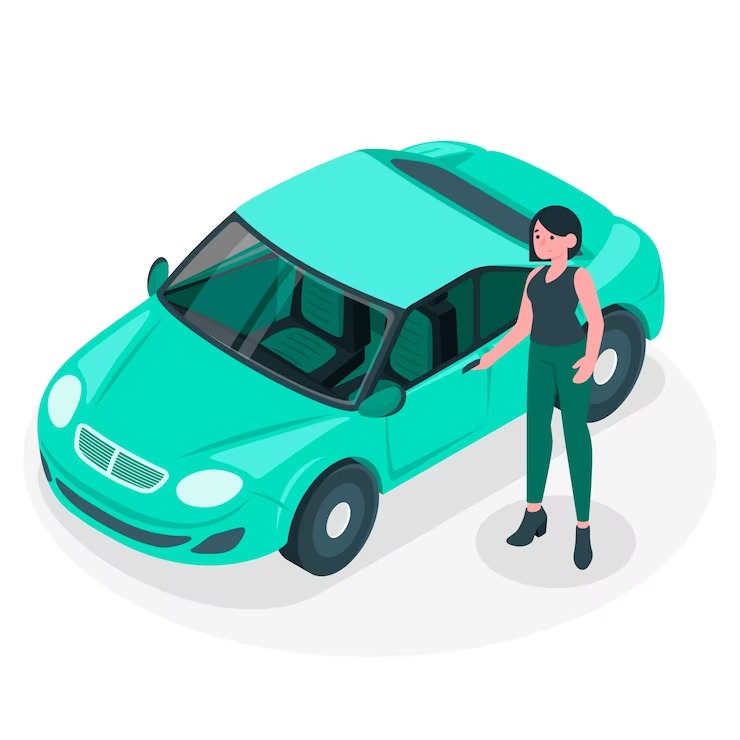 Isometric style icon of a woman standing next to her turquoise colored car.