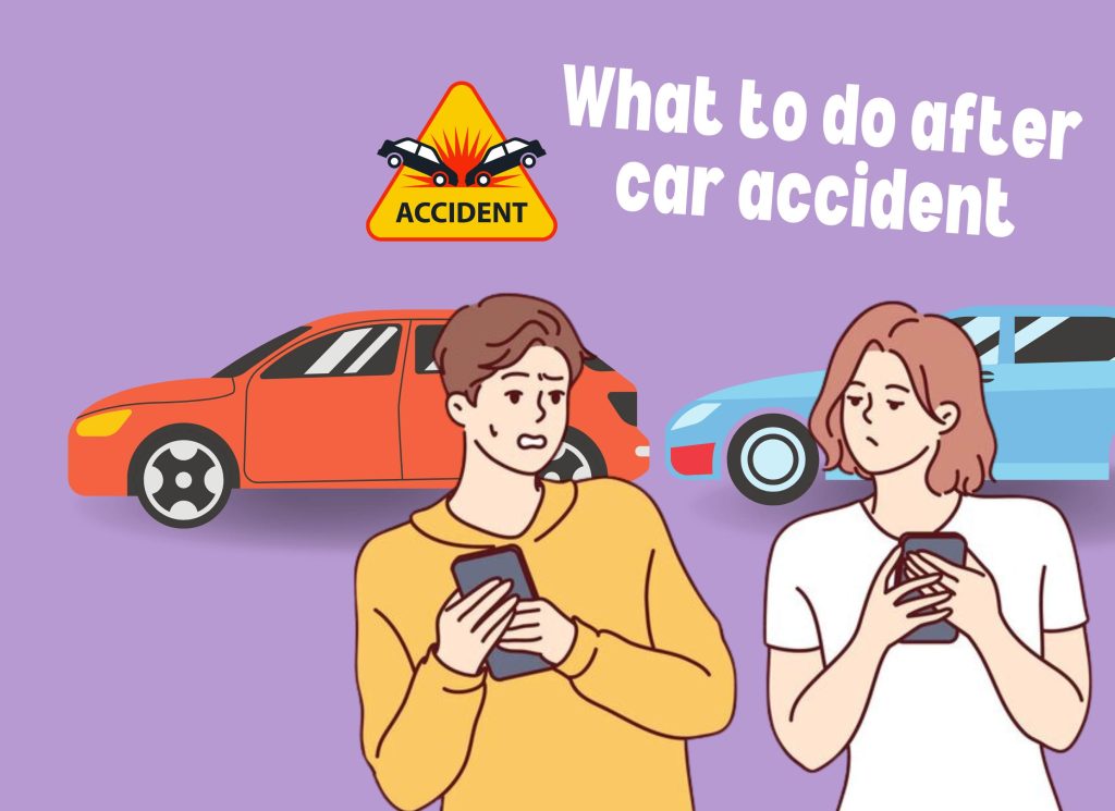 Two drivers exchange information after a car accident, cartoon vector style art